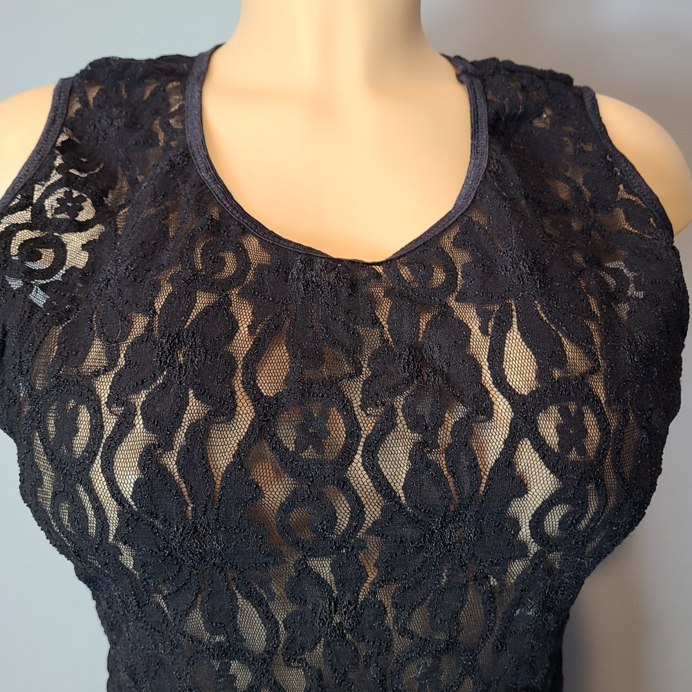Vtg Y2K‎ Sheer Stretchy Lace Dainty Black Fairy Goth Top Sz L 90s Floral Grunge - Picture 2 of 10